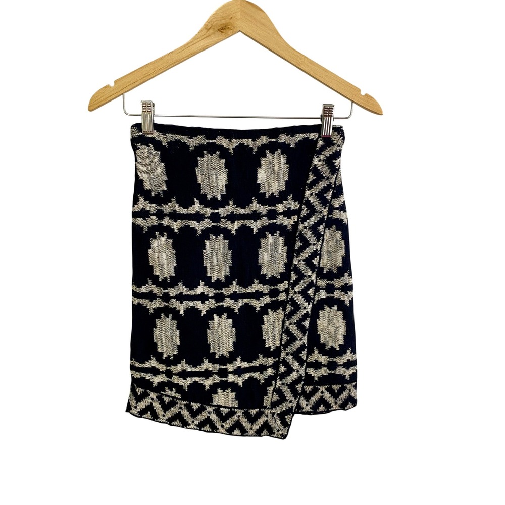 Free People Whimsigoth Knit Faux Wrap Mini Skirt Black Cream Patterned Size S